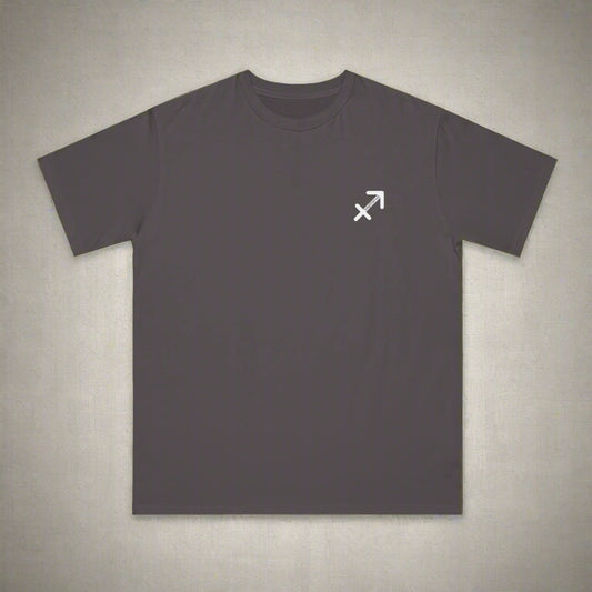 Dark gray t-shirt with a white symbol on the chest against a white background