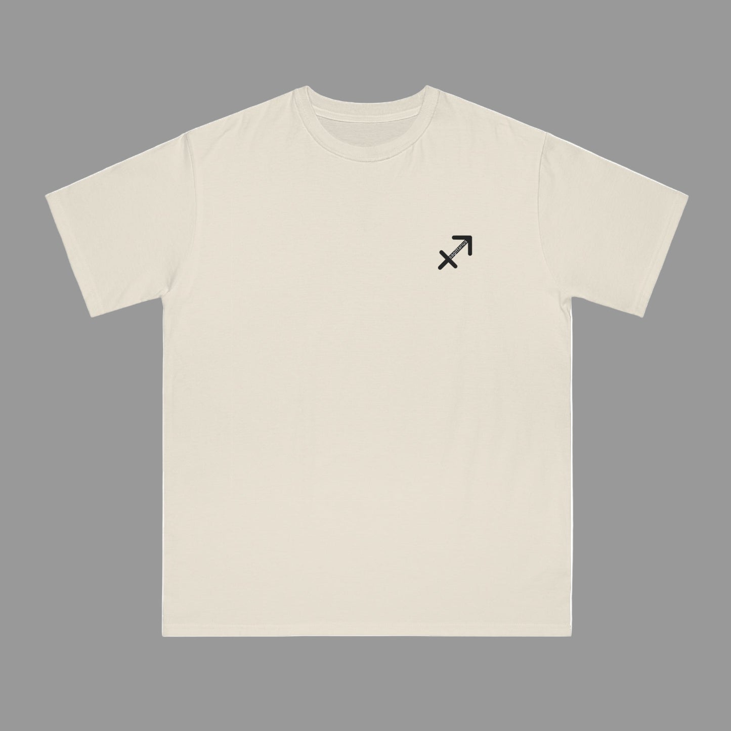 Beige t-shirt with a black symbol on a white background