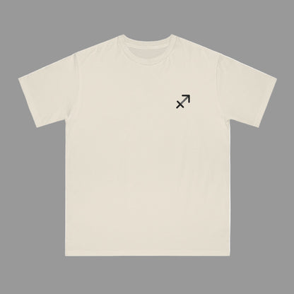 Beige t-shirt with a black symbol on a white background