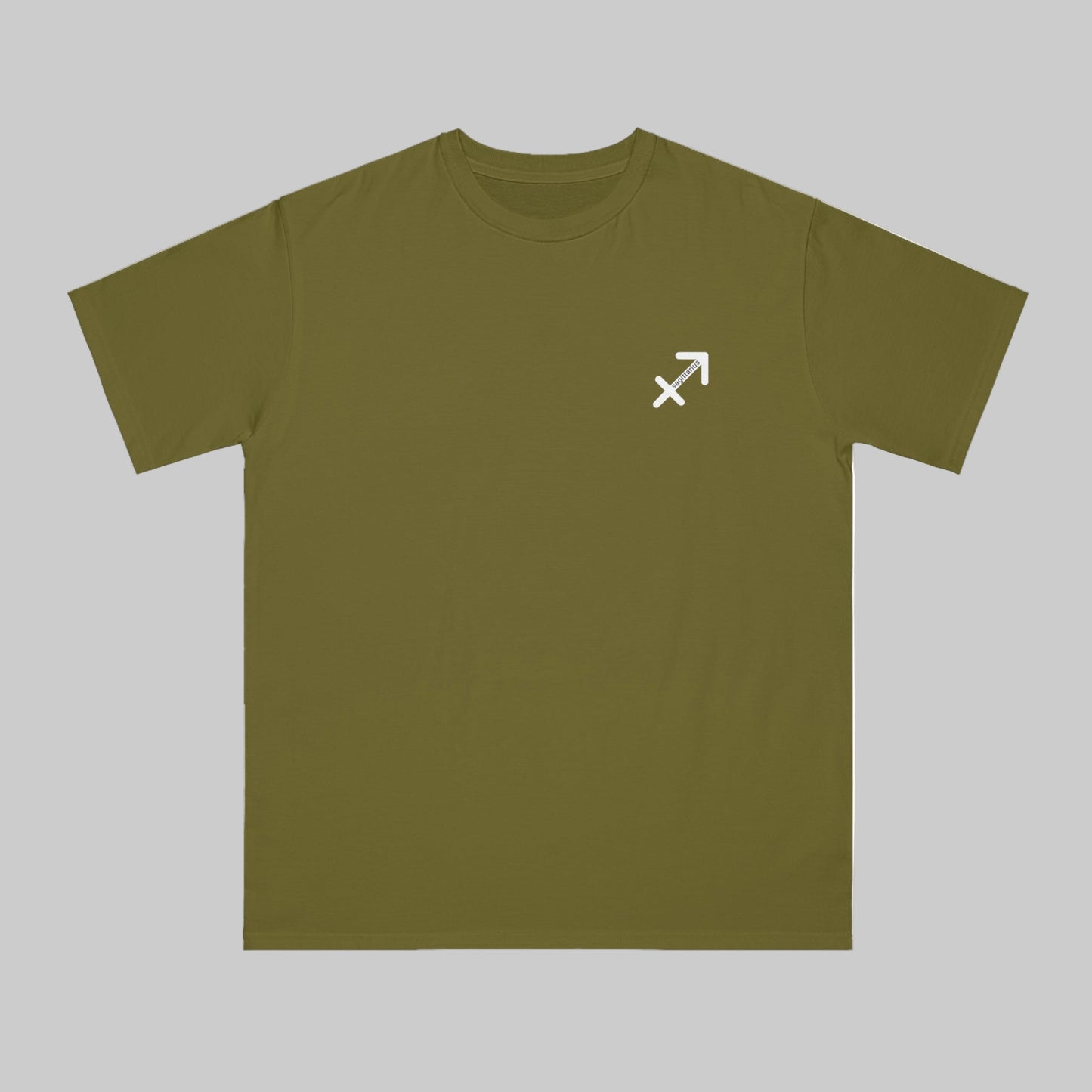 Green t-shirt with a white logo on a white background