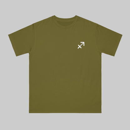 Green t-shirt with a white logo on a white background