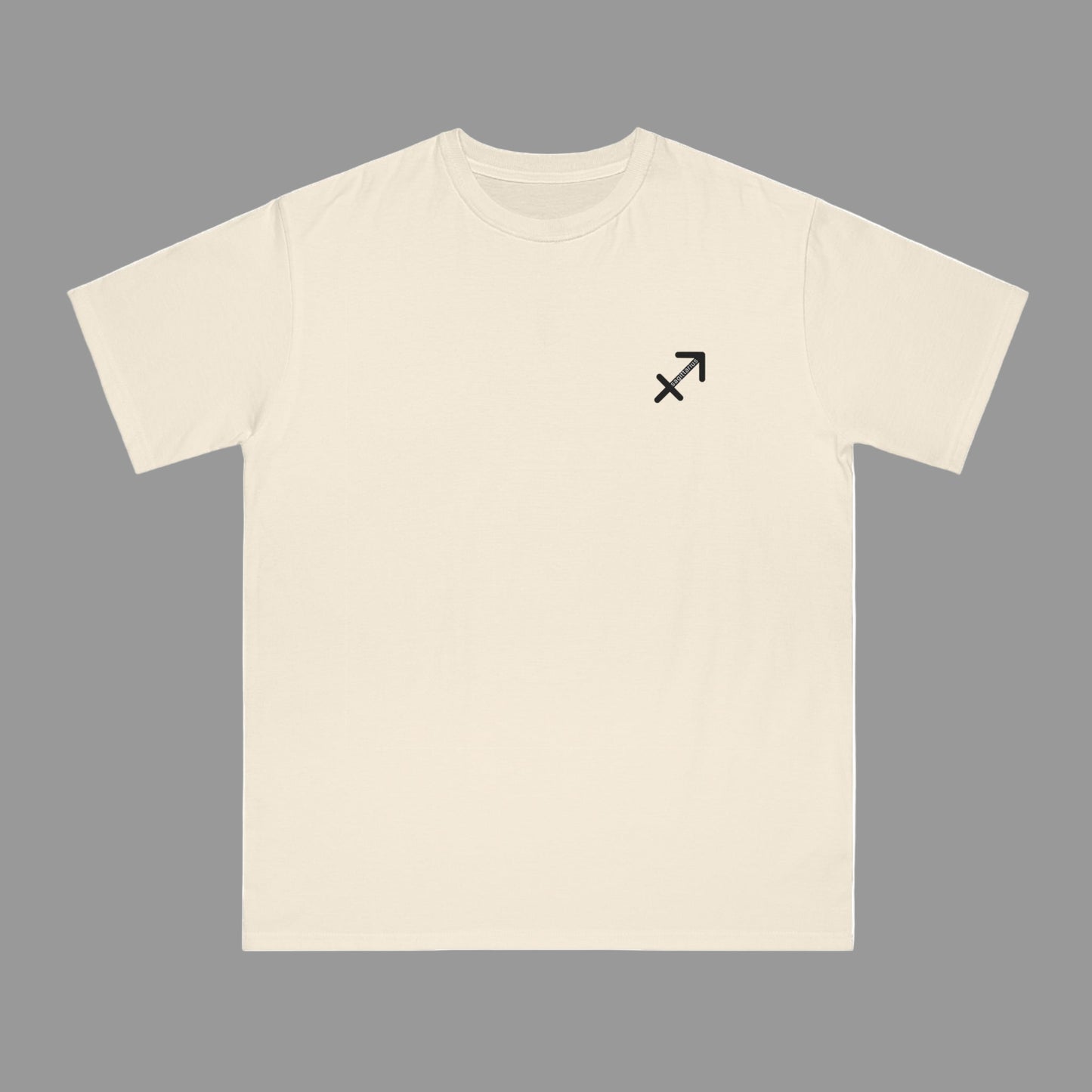 Beige t-shirt with a black symbol on a white background