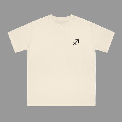 Beige t-shirt with a black symbol on a white background