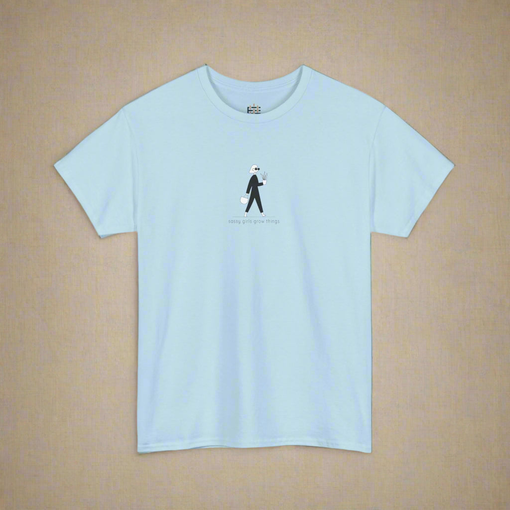 Light blue t-shirt with a small graphic and text on a white background