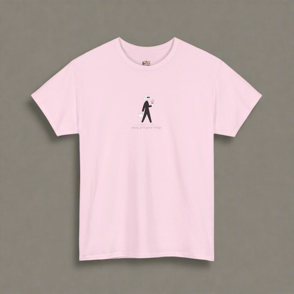 Pink t-shirt with a graphic design on a white background