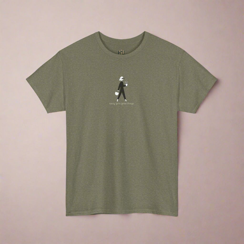 Green t-shirt with a small graphic on a white background