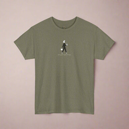Green t-shirt with a small graphic on a white background