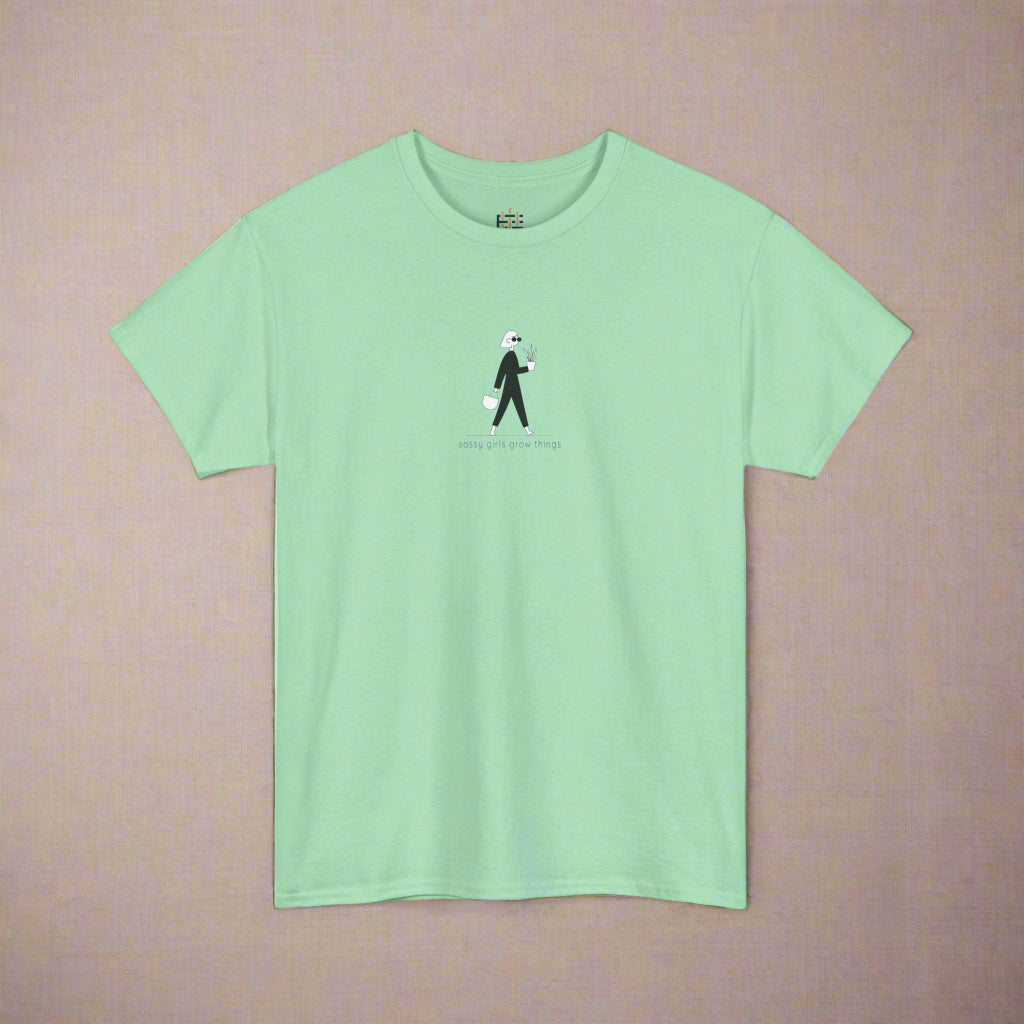 Light green t-shirt with a small graphic on a white background