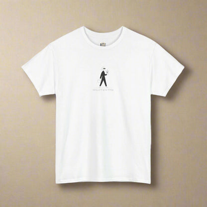 White t-shirt with a black graphic on a white background