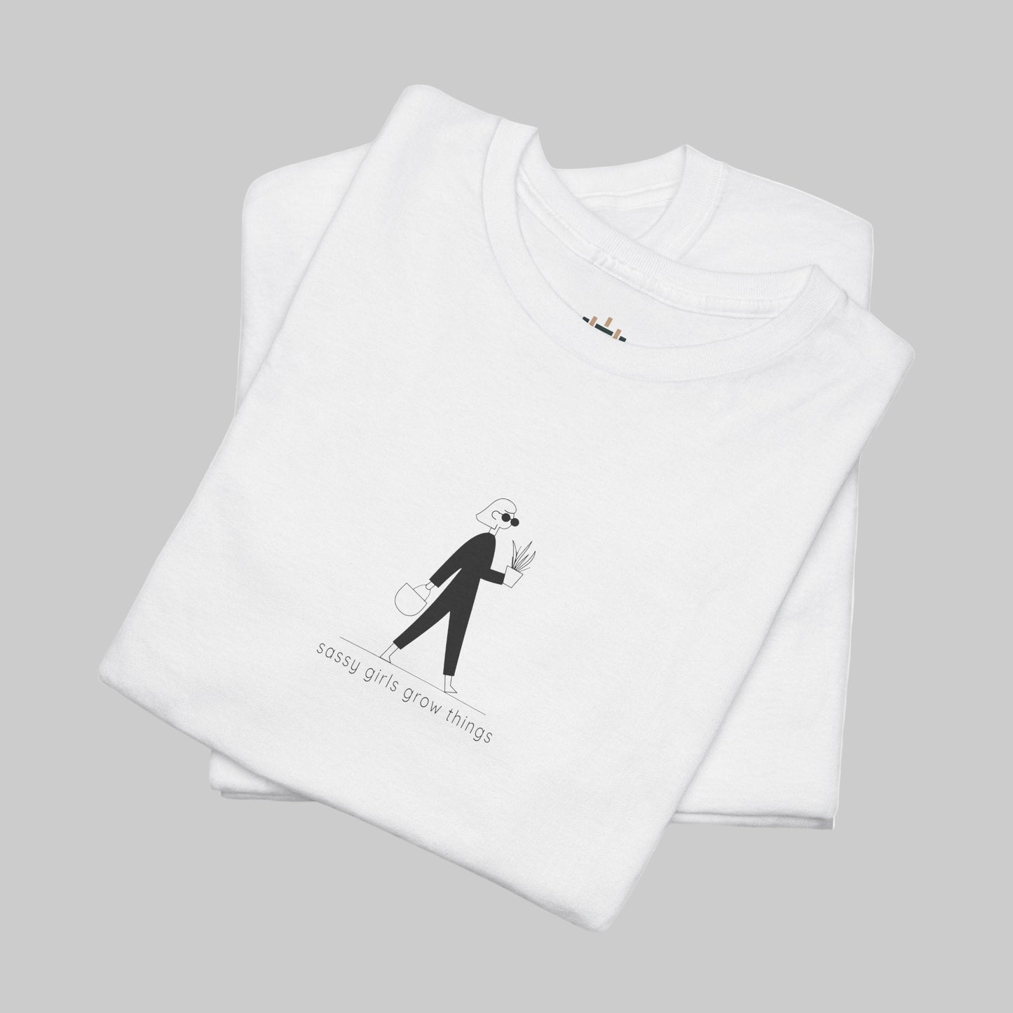 White t-shirt with black graphic and text on a white background