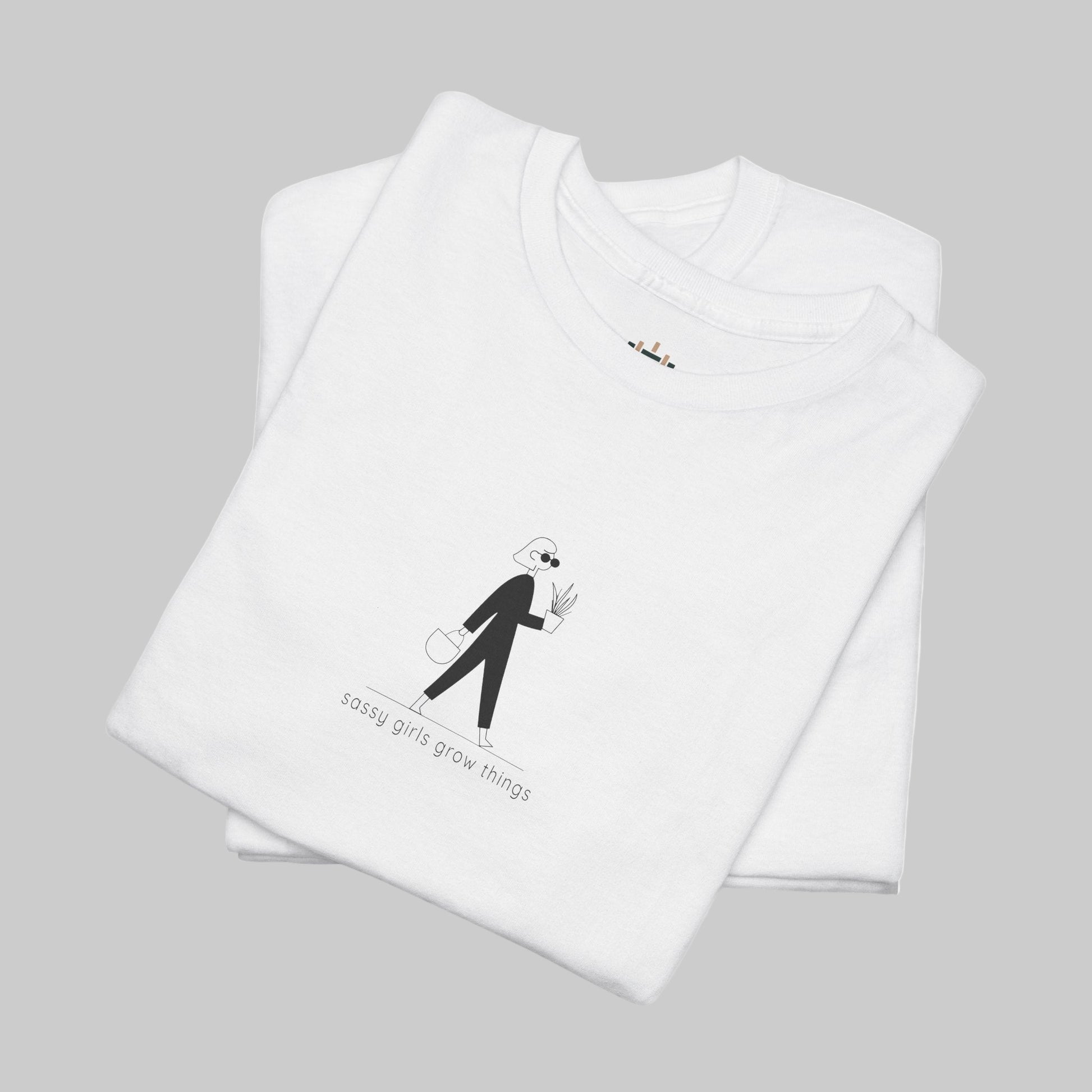 White t-shirt with black graphic and text on a white background