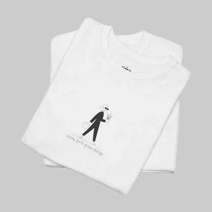 White t-shirt with black graphic and text on a white background