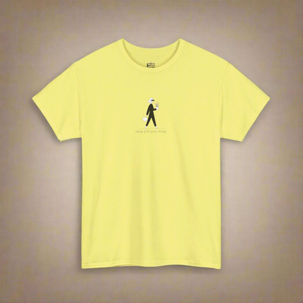 Yellow t-shirt with a small graphic and text on a white background
