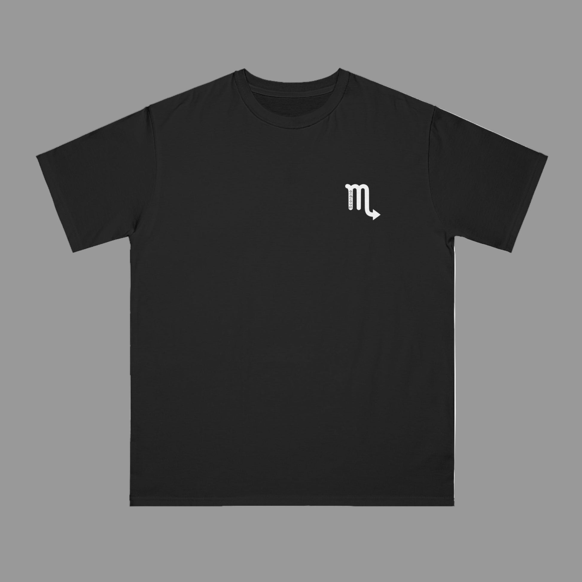 Black t-shirt with a white logo on the chest against a white background