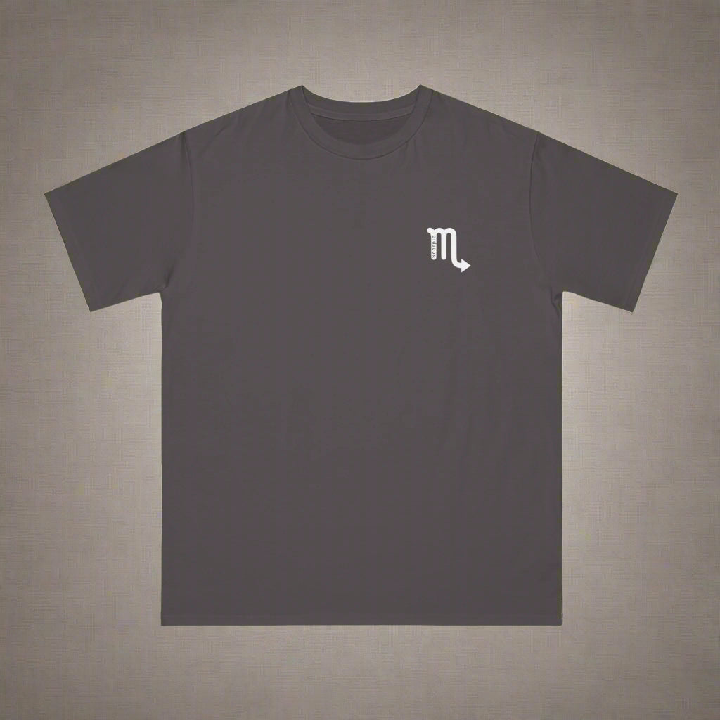 Dark gray t-shirt with a white logo on a white background