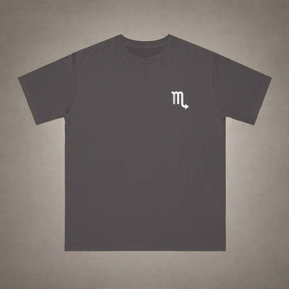 Dark gray t-shirt with a white logo on a white background