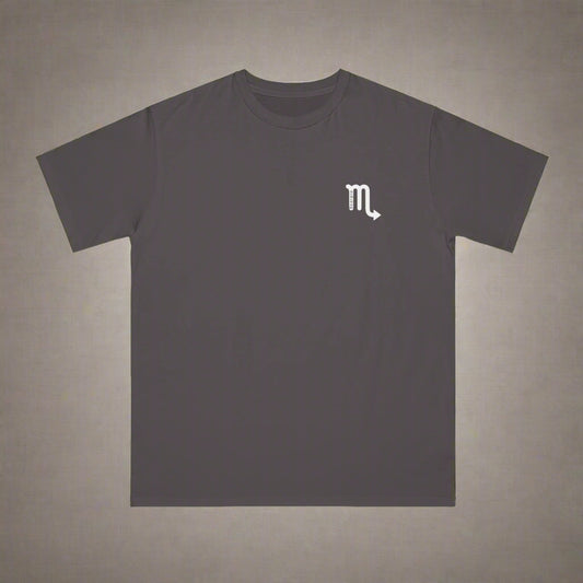 Dark gray t-shirt with a white logo on a white background