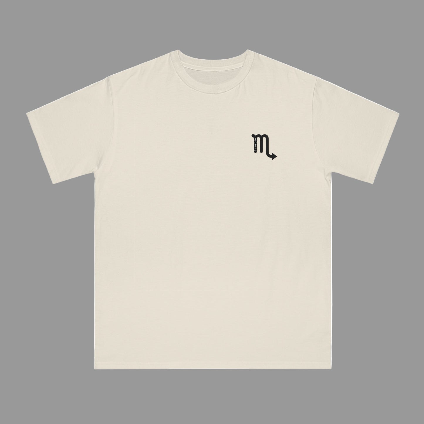 Beige t-shirt with a black Scorpio symbol on a white background