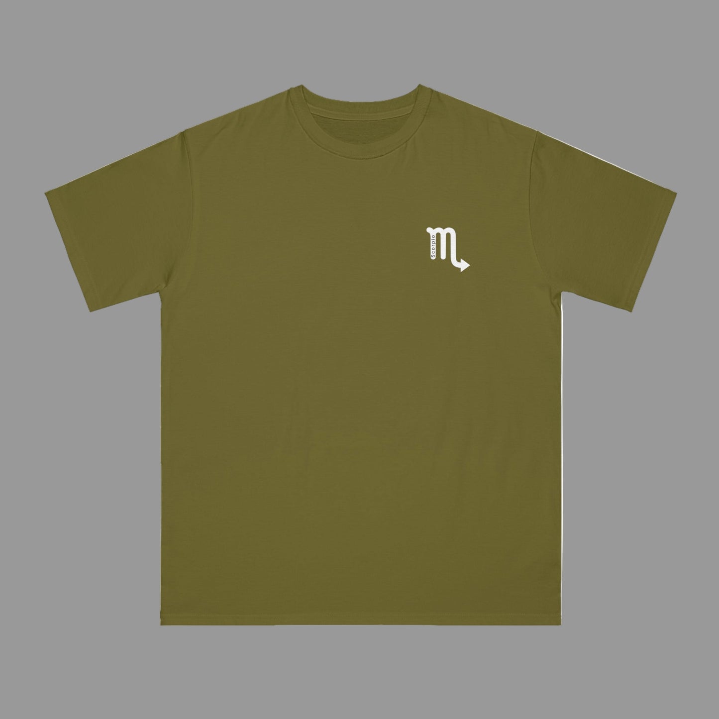 Green t-shirt with a white logo on a white background