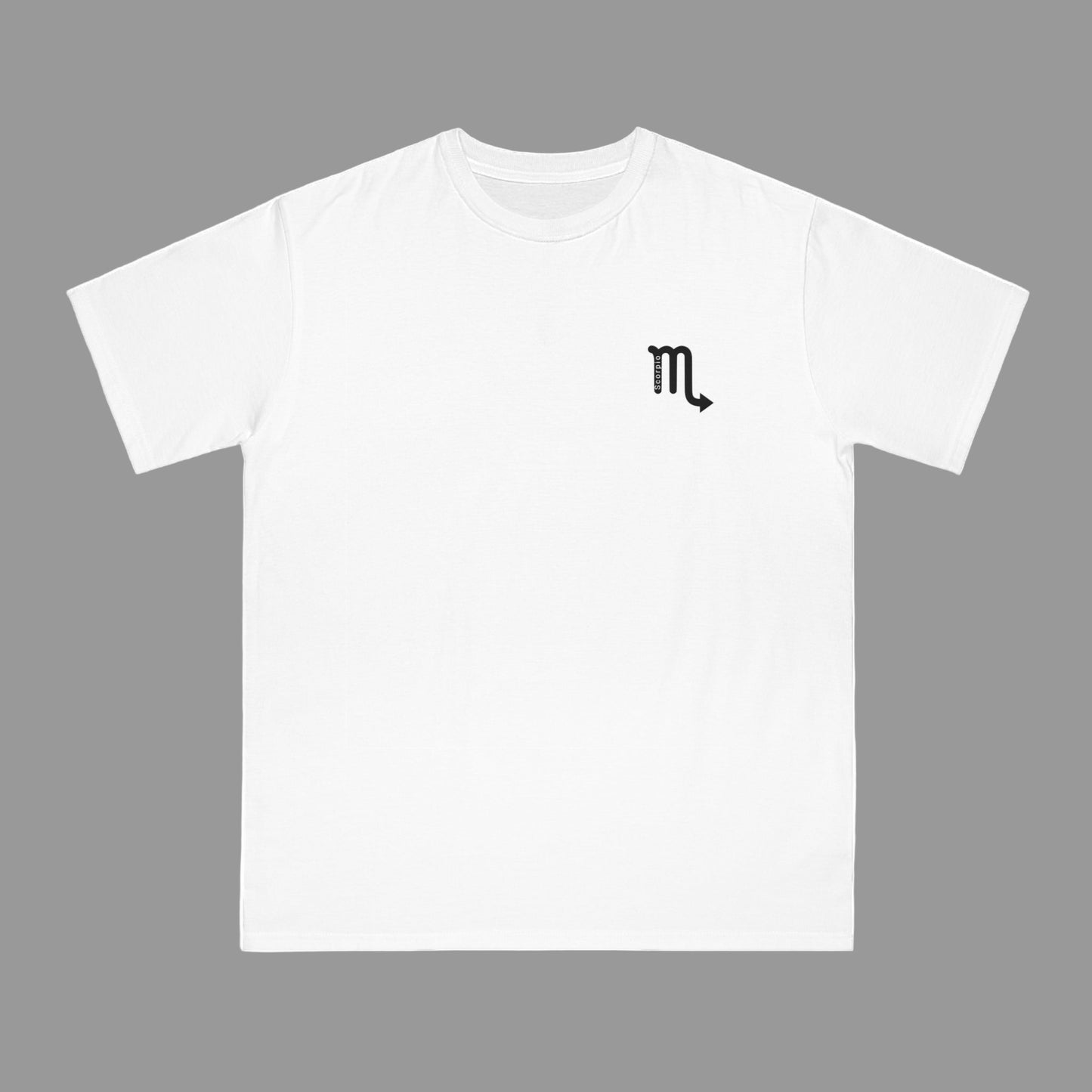 White t-shirt with a black logo on a white background