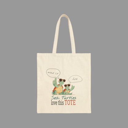 Tote bag with sea turtle design and text on a white background