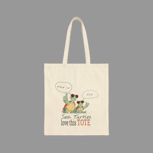 Tote bag with sea turtle design and text on a white background