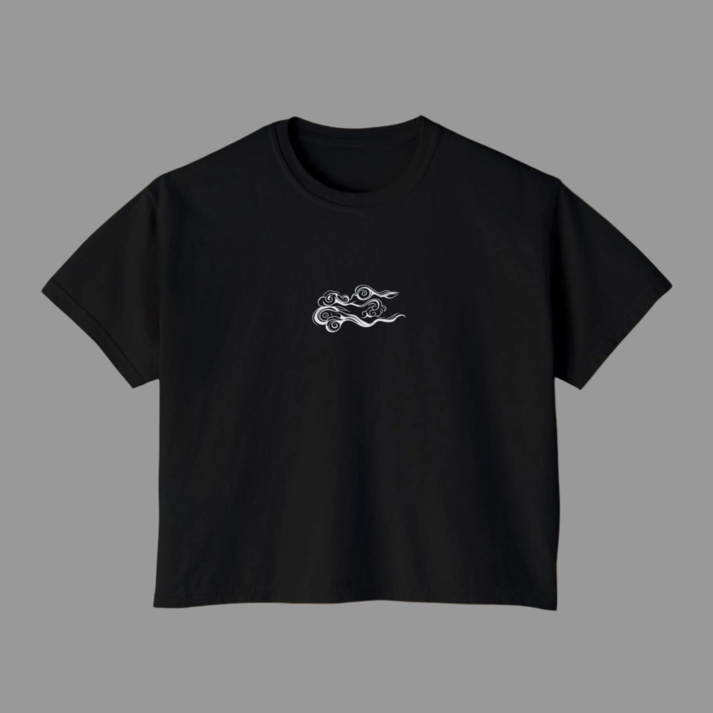 Black t-shirt with a white cloud design on a white background