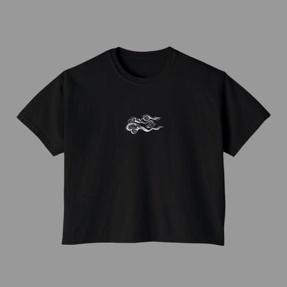 Black t-shirt with a white cloud design on a white background