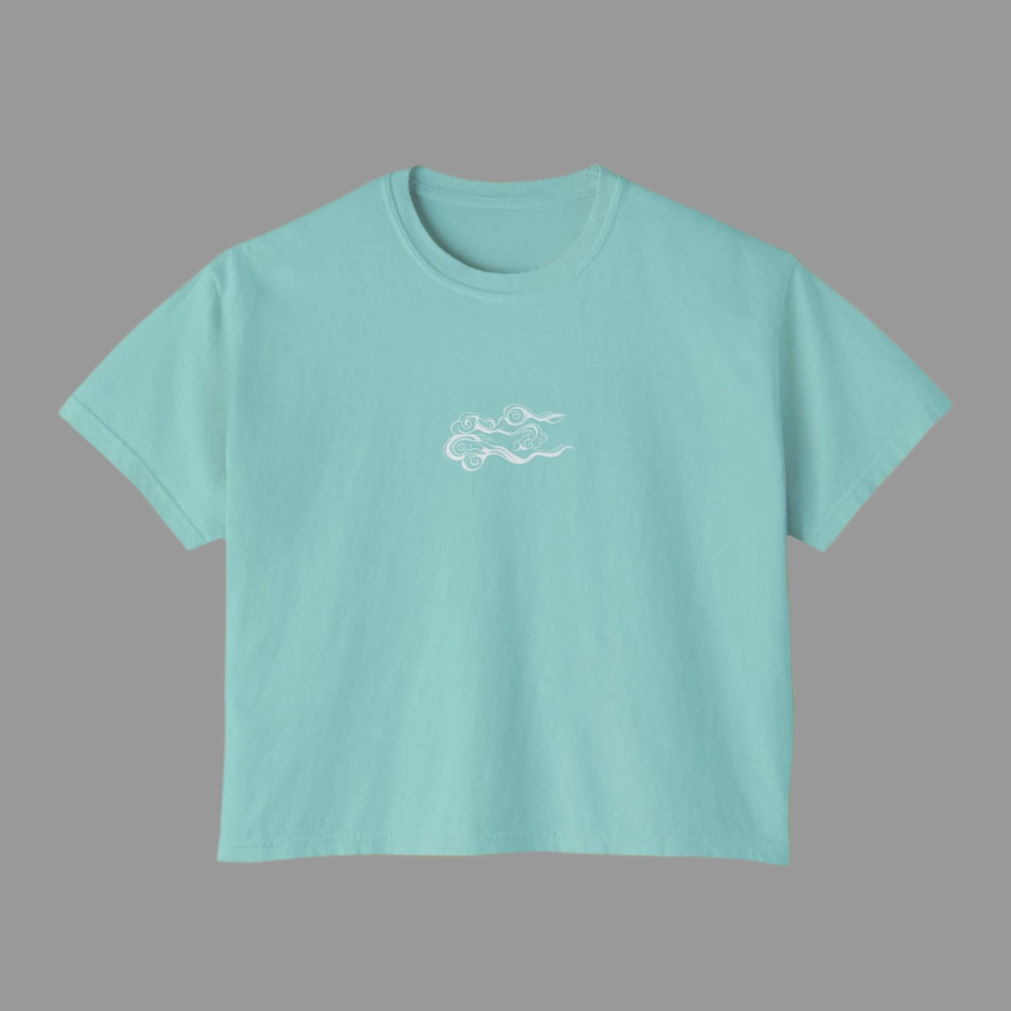Light blue t-shirt with a small white logo on a white background