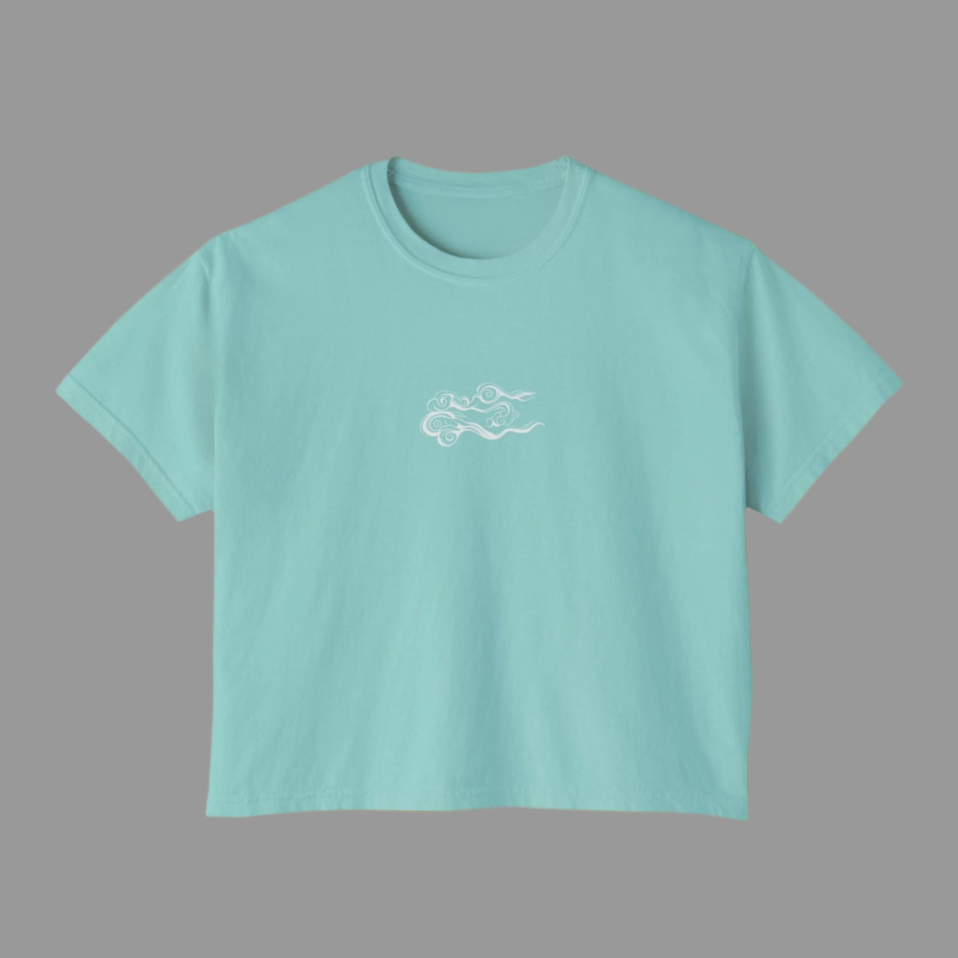 Light blue t-shirt with a small white logo on a white background