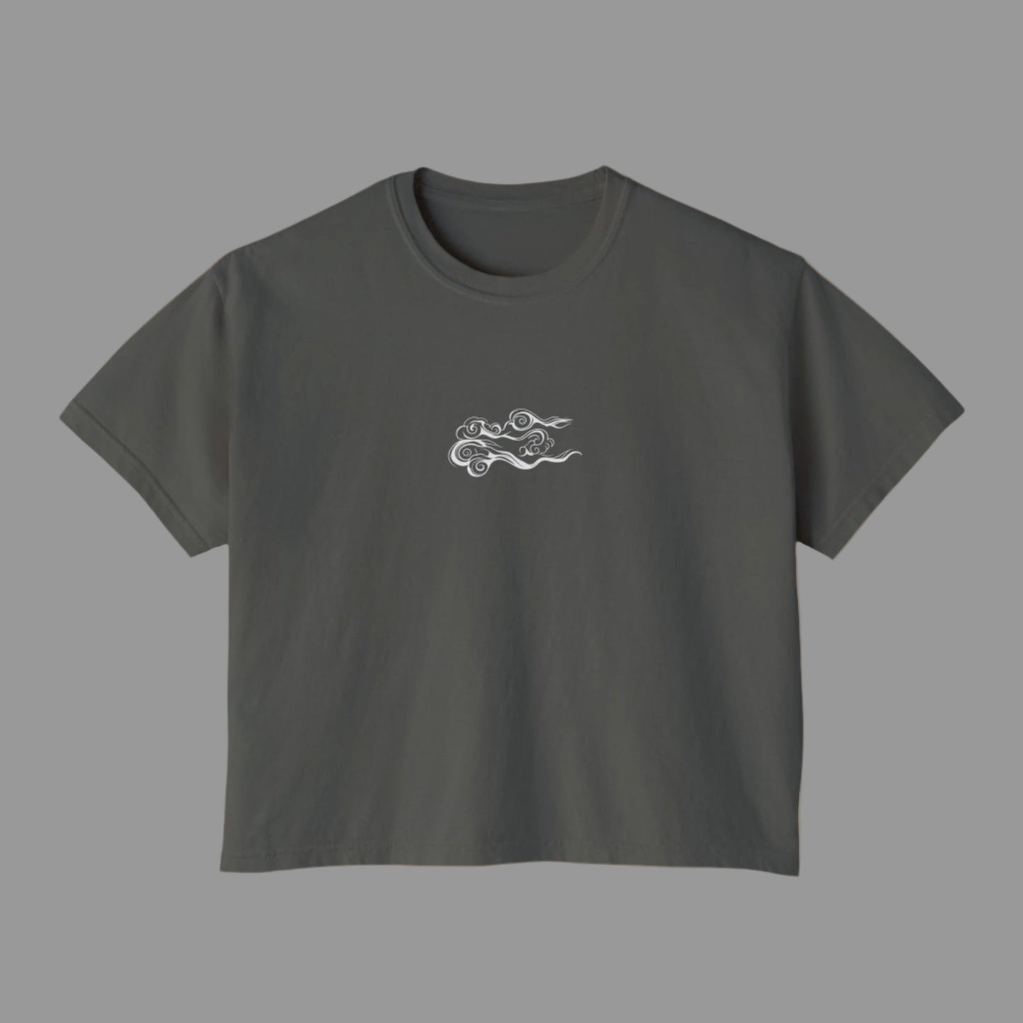 Dark gray t-shirt with a white cloud design on a white background