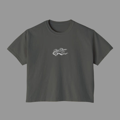 Dark gray t-shirt with a white cloud design on a white background