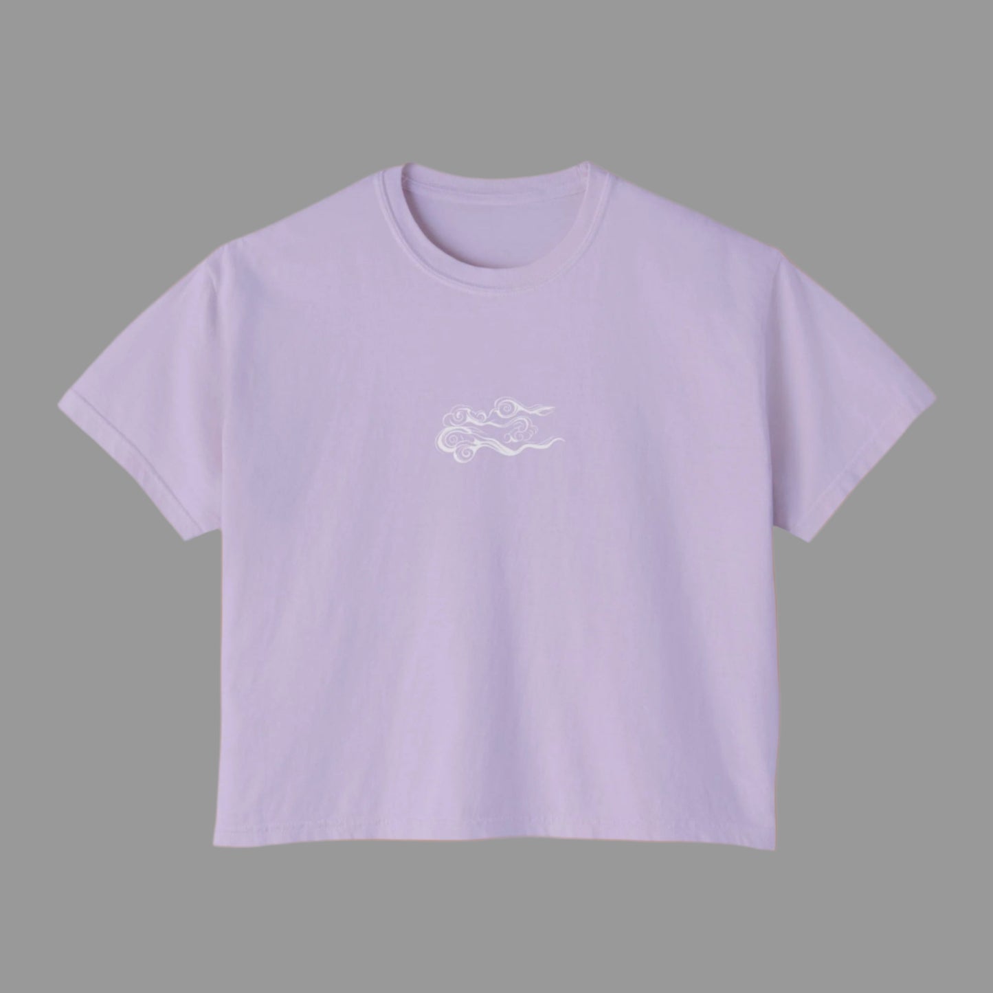 Lavender t-shirt with a small white logo on a white background