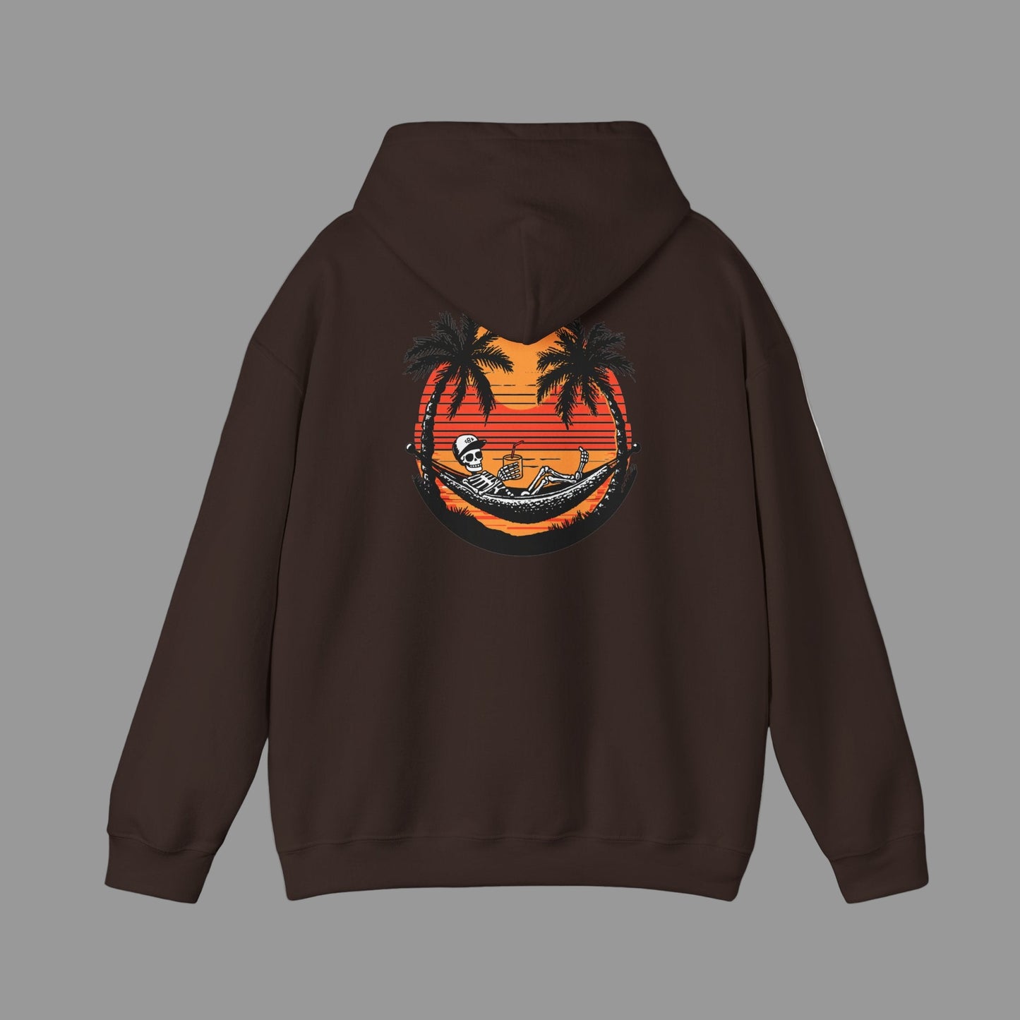 Brown hoodie with a tropical graphic on the back against a white background