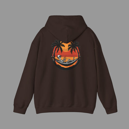 Brown hoodie with a tropical graphic on the back against a white background