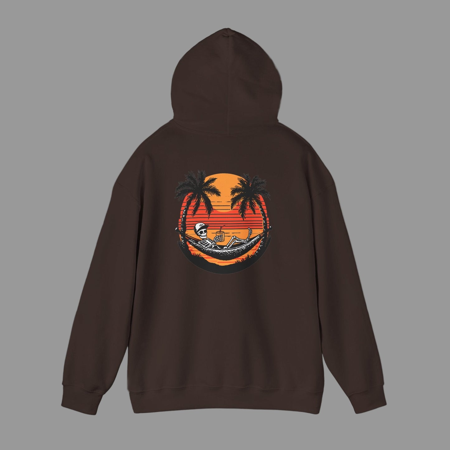 Brown hoodie with a tropical graphic on the back against a white background