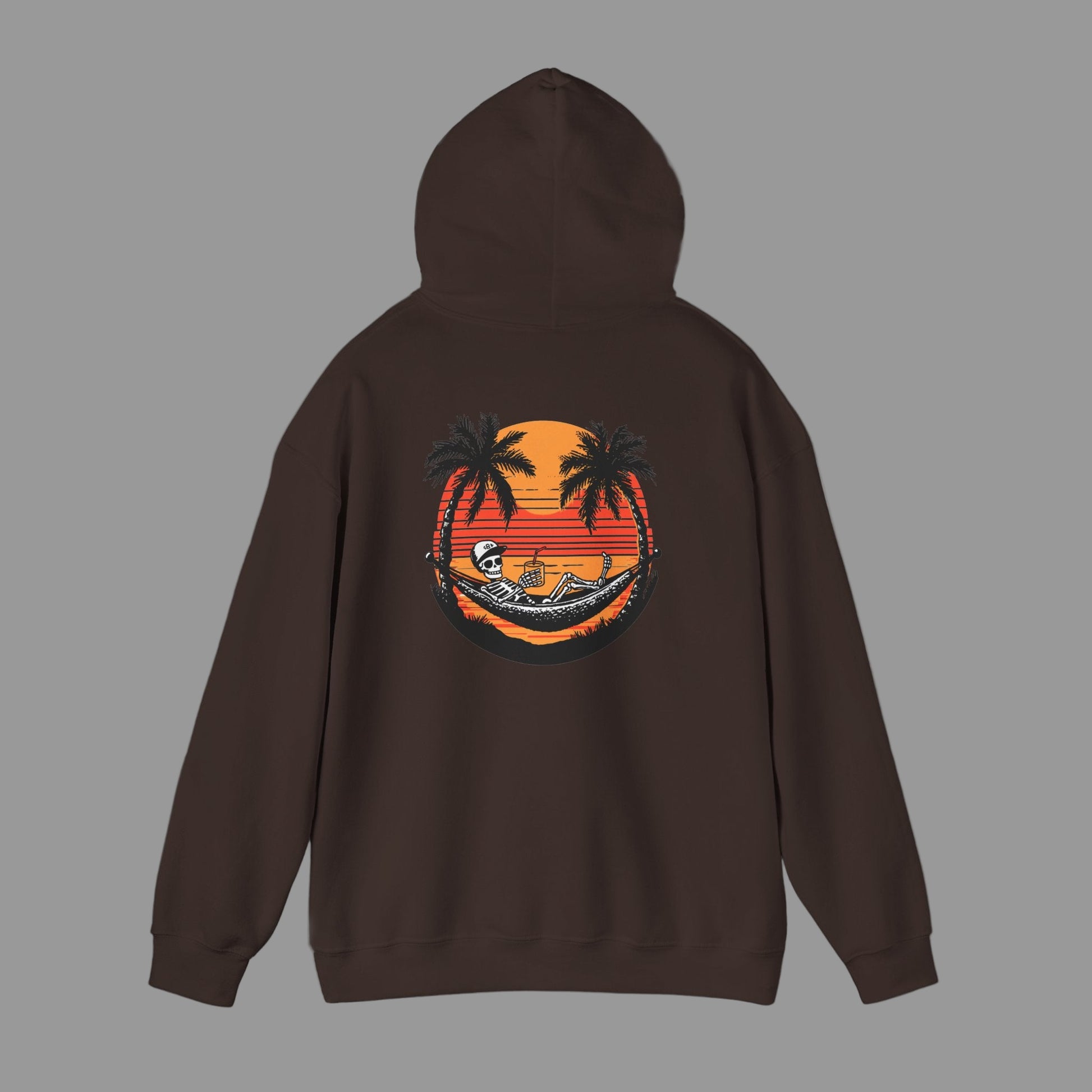 Brown hoodie with a tropical graphic on the back against a white background