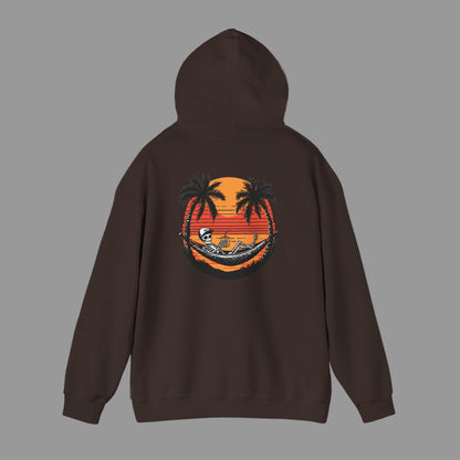 Brown hoodie with a tropical graphic on the back against a white background