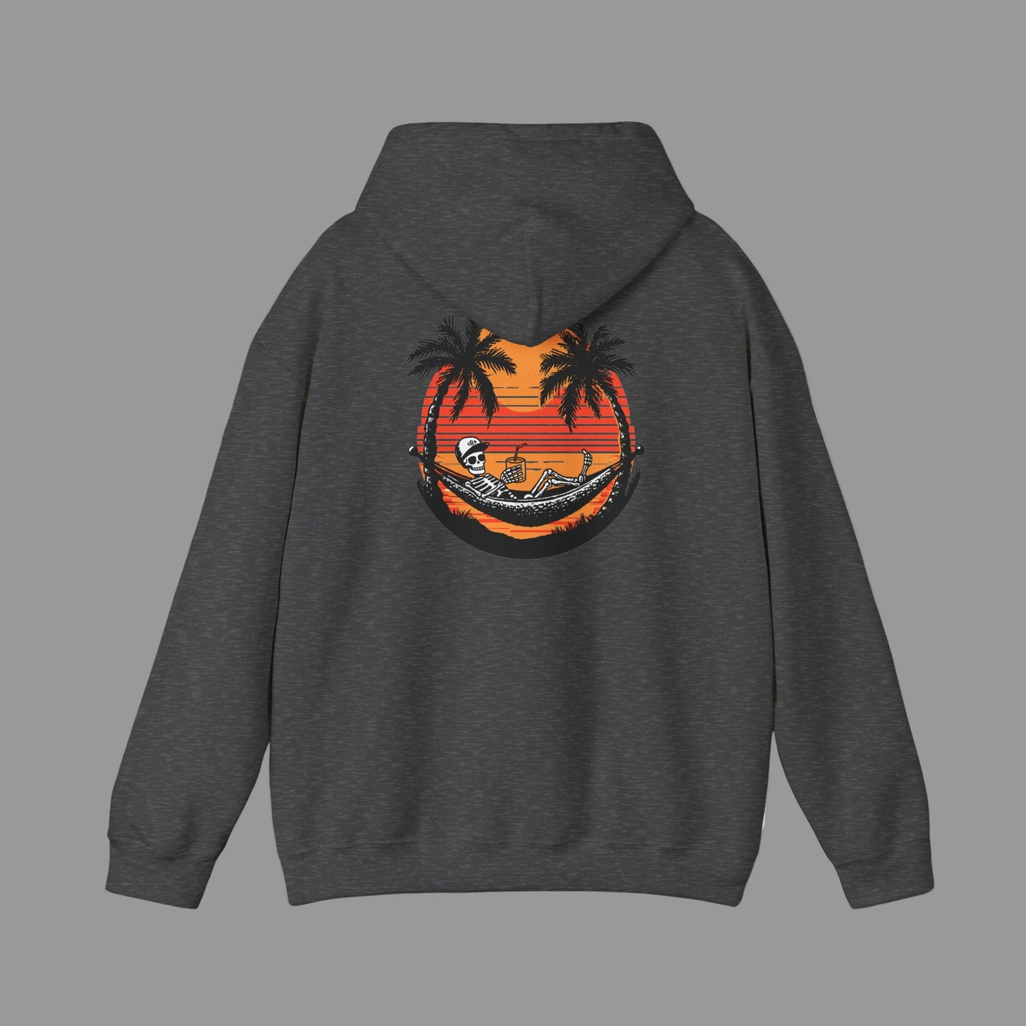 Dark gray hoodie with a tropical graphic on the back against a white background