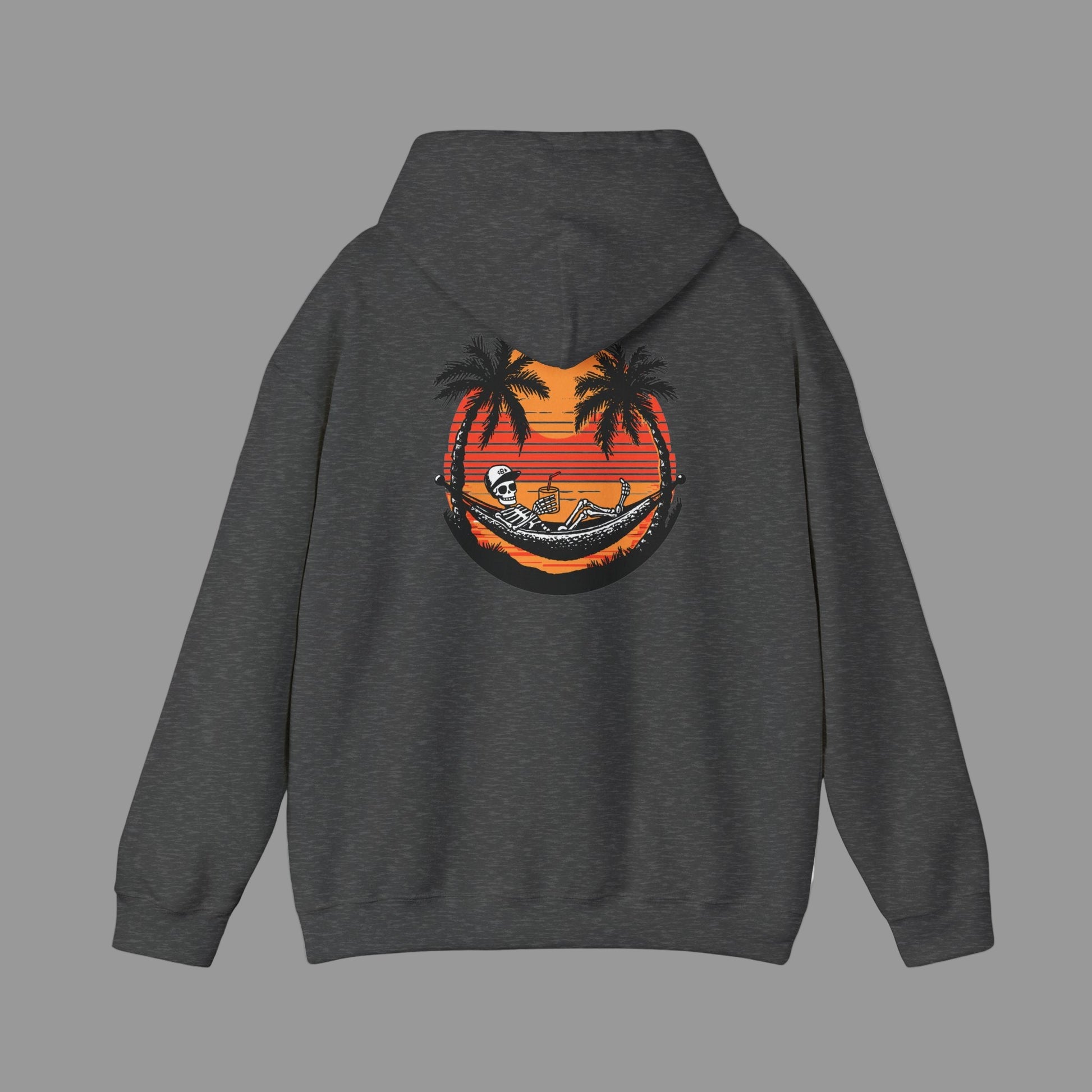 Dark gray hoodie with a tropical graphic on the back against a white background