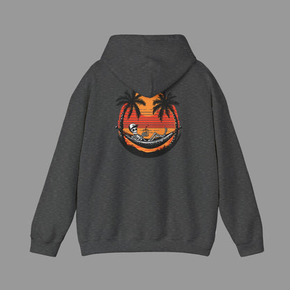Dark gray hoodie with a tropical graphic on the back against a white background
