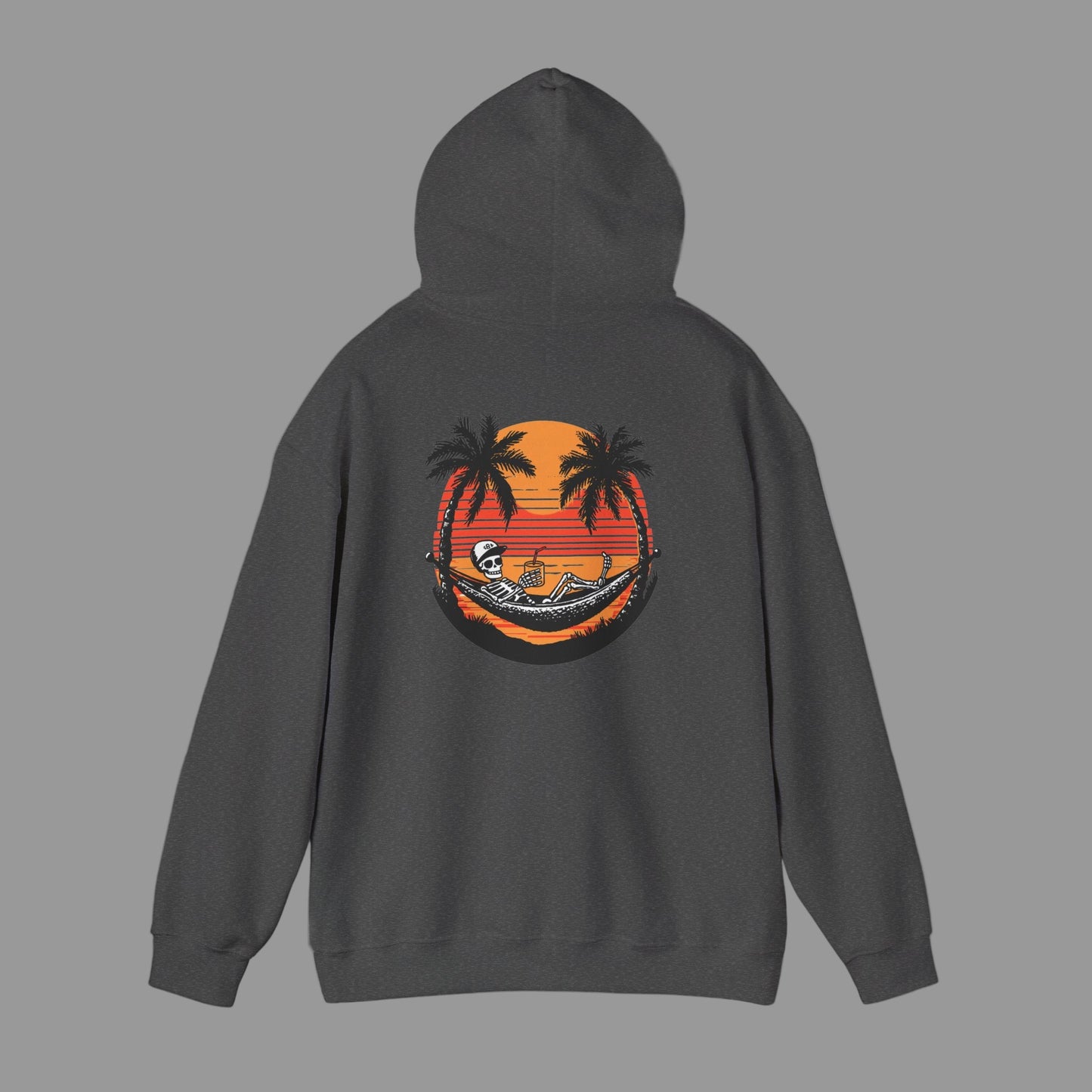 Black hoodie with a palm tree and sunset design on the back against a white background