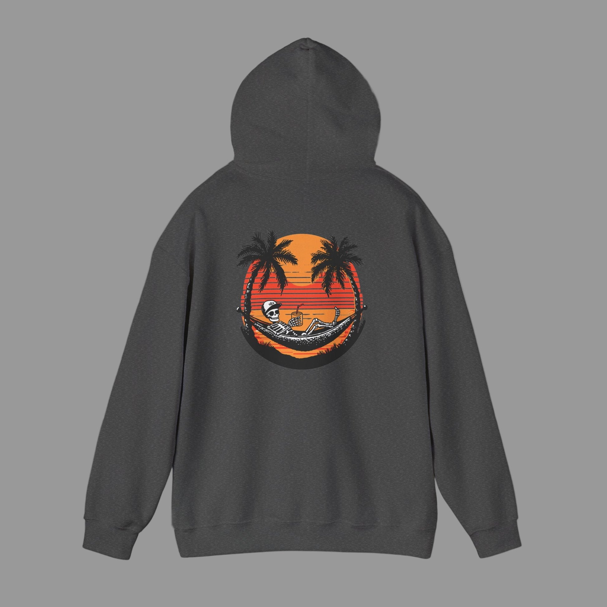 Black hoodie with a palm tree and sunset design on the back against a white background