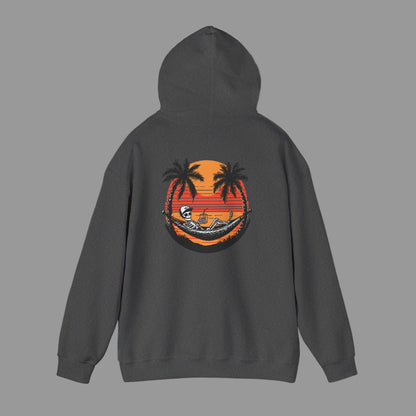 Black hoodie with a palm tree and sunset design on the back against a white background