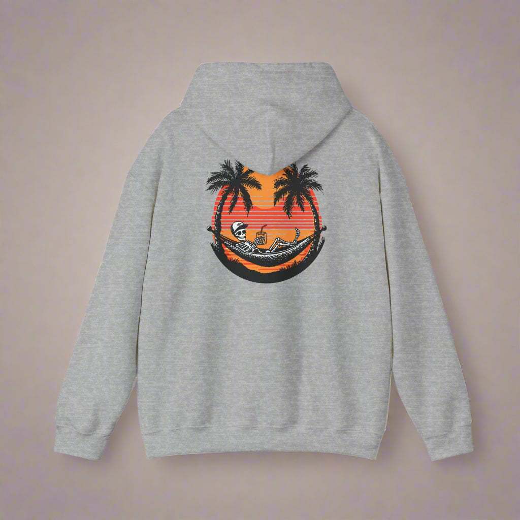Gray hoodie with a tropical graphic on the back against a white background
