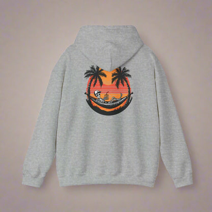 Gray hoodie with a tropical graphic on the back against a white background