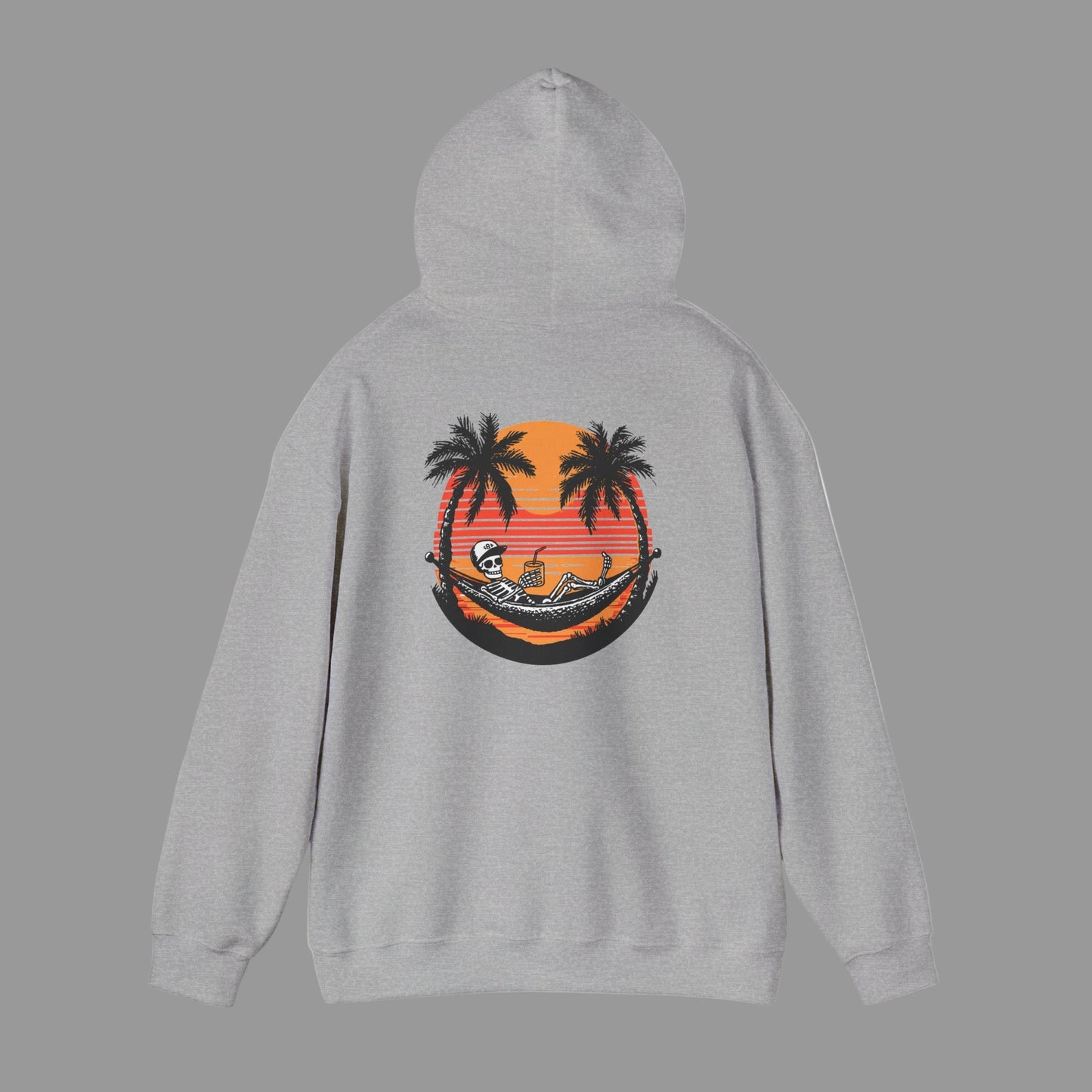 Gray hoodie with a tropical graphic on the back against a white background