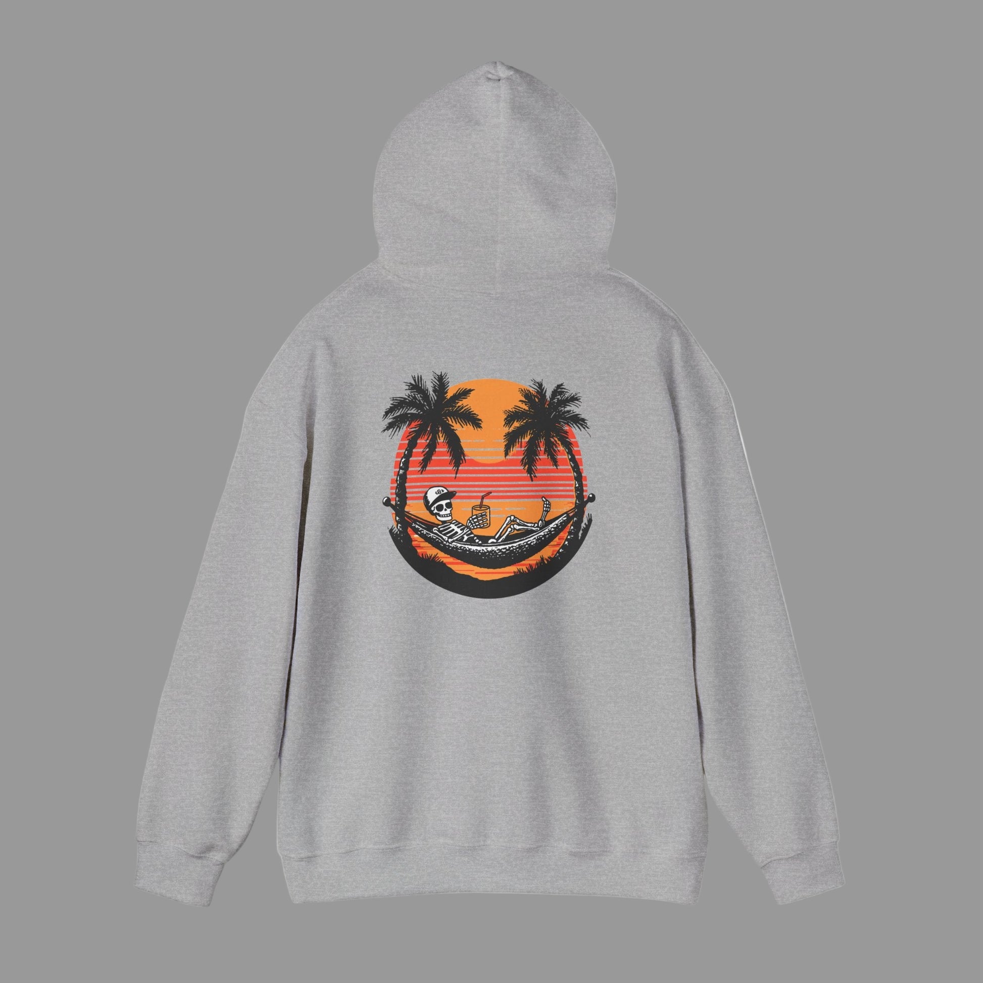 Gray hoodie with a tropical graphic on the back against a white background