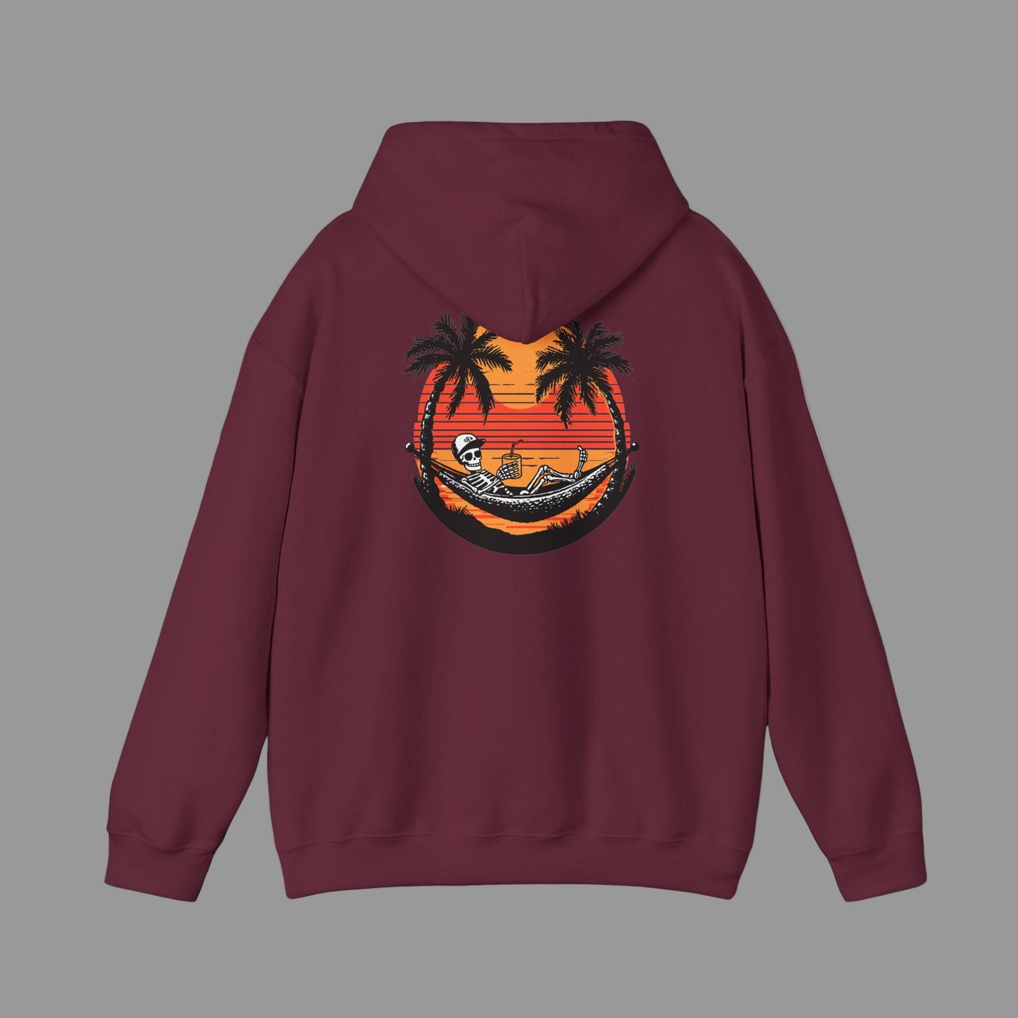 Maroon hoodie with a tropical graphic on the back against a white background