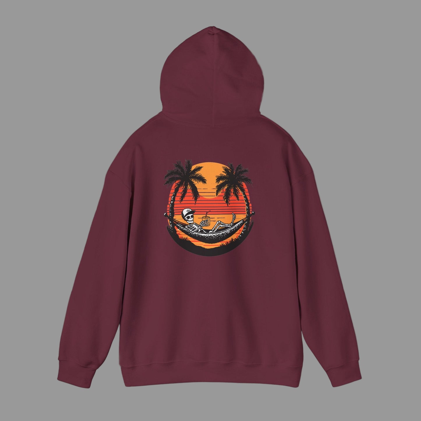 Maroon hoodie with a tropical graphic on the back against a white background